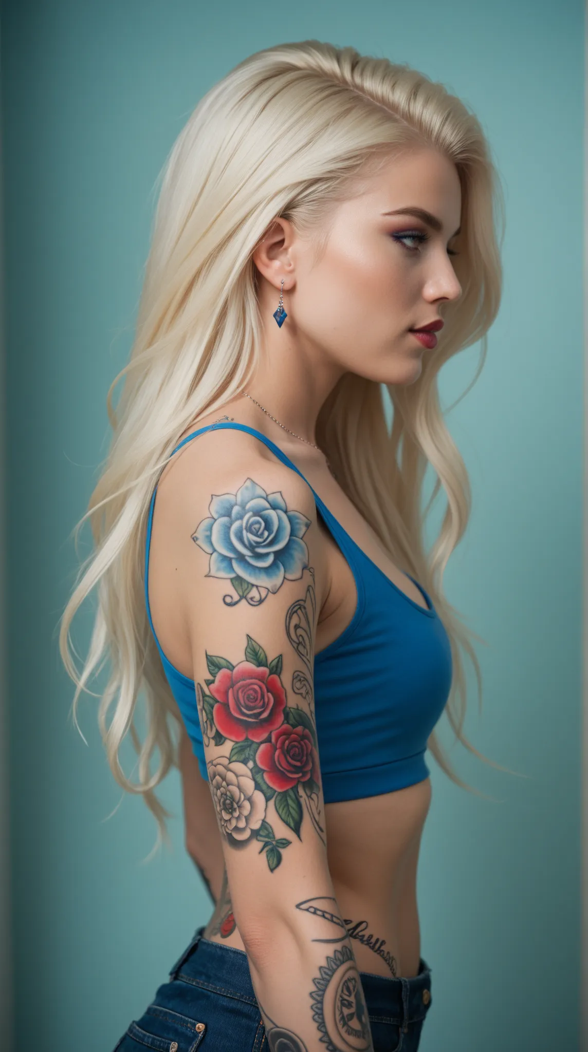 arafed woman with a tattoo on her arm and a blue crop top alana fletcher, with very long blonde hair, with tattoos, lorena avarez, with long white hair, julia fuentes, marischa becker, profile pic, tattooed, ava max, looks like fabiula nascimento, her hair...