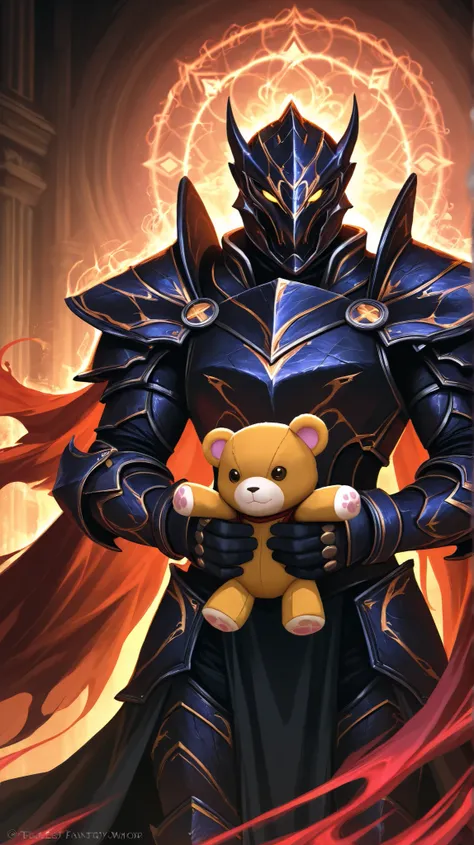 Fearless Fantasy Warrior, Battle-Ready Armor, Flowing Cape, Holding Plush Toy, Strong Yet Gentle, Enchanted Atmosphere, Mystical Glow, Ethereal Background, Magical Aura, Contrasting Toughness and Softness, Symbolic and Emotional Moment, Cinematic Lighting,...