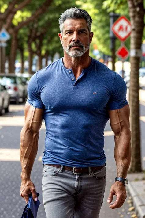 Marcos Chacón 55 years old, very handsome, angular and defined face, marked jaws, healthy tanned skin, slightly reddened, straight nose, thin lips, Short hair with gray, mature man,, sides slightly shorter than the top, imposing and muscular physique, broa...