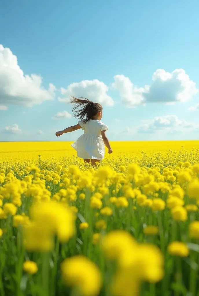 Canola flower field，Girl running in the field，24K HD，long-range photography super fine detail,Professional shooting,Natural light exposure,blue sky and white clouds,emerald green rapeseed field,girl running,Elegant look, Thunder Power ,fresh and natural, v...