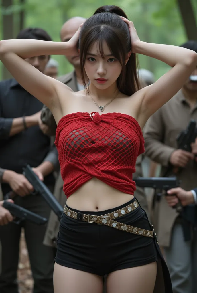     a thief with a red mesh cloth wrapped around her chest  ,  slender figure,  small bust, masterpiece,  Female Swordsman,  Assassin,( there was a bandit with a red mesh cloth wrapped around her chest;1.21),Deep in the forest,   black miniskirt, Beautiful...