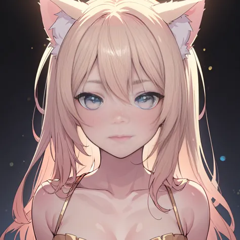 (masterpiece, best quality, ultra-detailed), (anime-style, semi-realistic), (1girl, catgirl, kemonomimi, feline ears, tail),  
(short, slightly wavy pastel pink-blonde hair:1.3), (luminous blue-gold eyes:1.3), (soft, fair white skin, natural shading),  
(s...