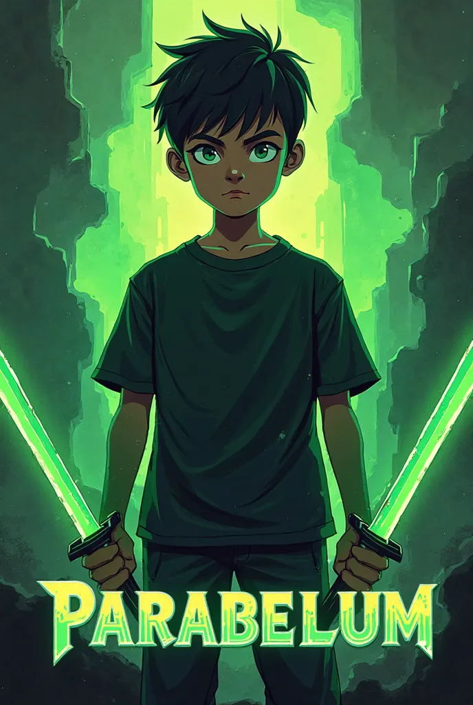 Create a logo for me with a boy wearing a black t-shirt with two green swords and with the name below PARABELLUM
