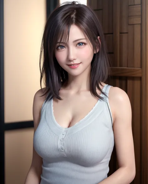 Top quality, ultra high resolution, (photorealistic: 1.4), beautiful eyes, super beautiful, short hair, beautiful breasts, lover, t-shirt with rough chest, eyes inviting viewer, lover's eyes, inviting facial expressions, sexy smile, perfect style, perfect ...