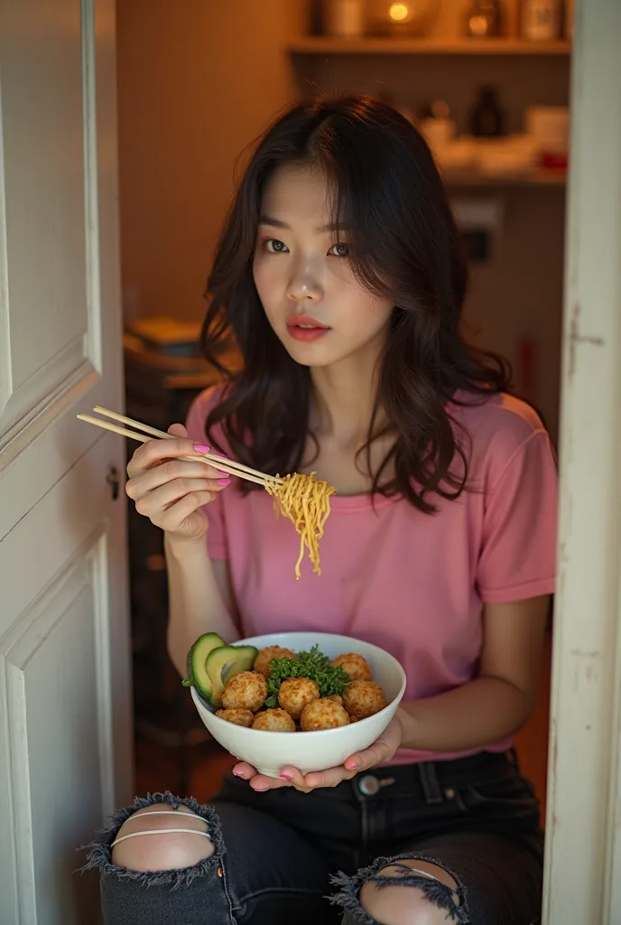 Beautiful Korean woman wearing a pink T-shirt with torn model, ripped black jeans sitting in hidden closet eating noodle meatballs, In front of her is fresh avocado juice,  front facing . realis hd 8k 