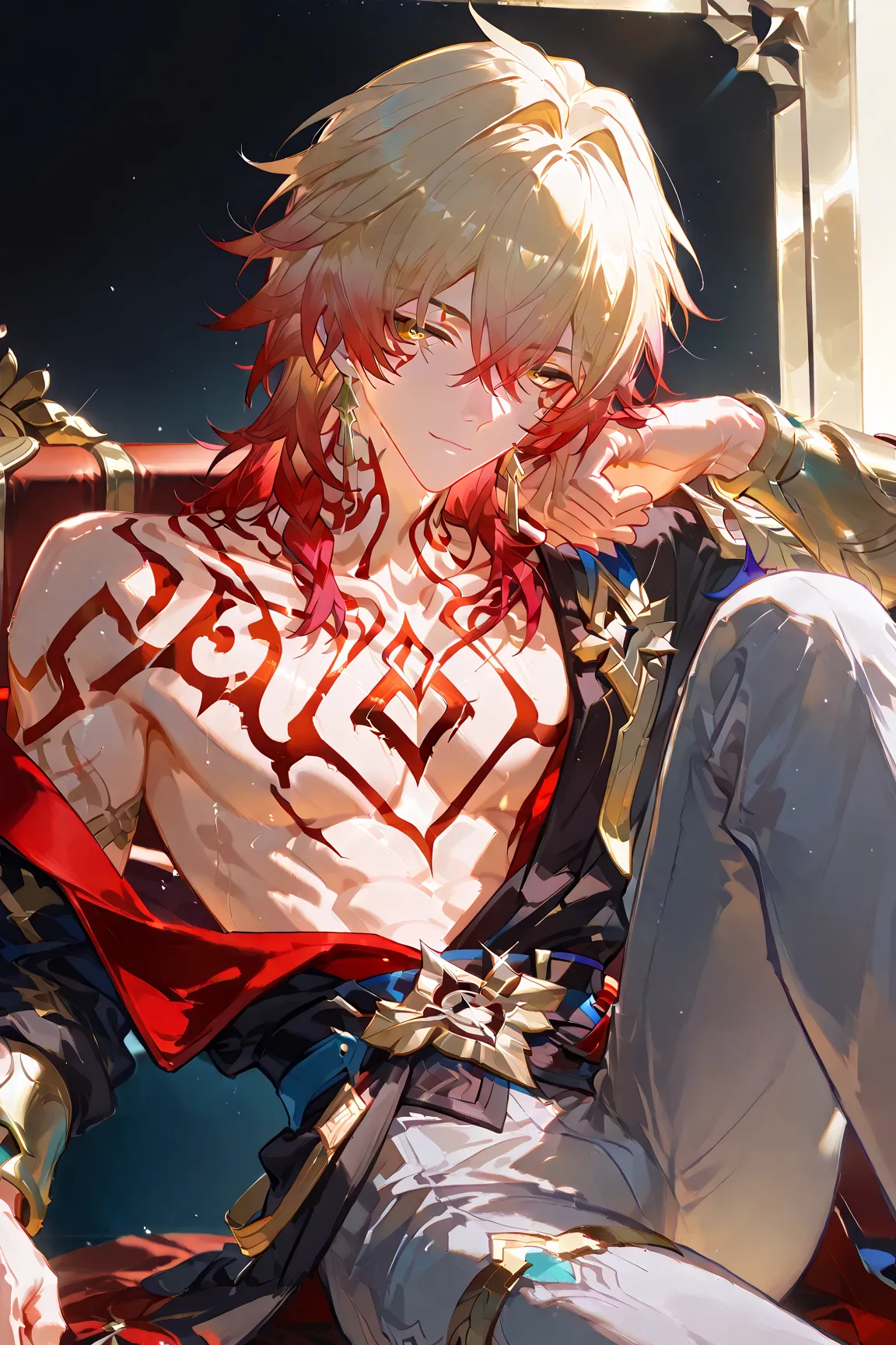 1boy, Honkai Star Rail,Mydei,braid, gold earrings, yellow eyes,Kramnve facial tattoo, Red neck and chest tattoo, collarbone, hair between eyes, medium hair, white gradient red hair, gradient hair, muscular male. Seductive pose, Lying on the couch with one ...