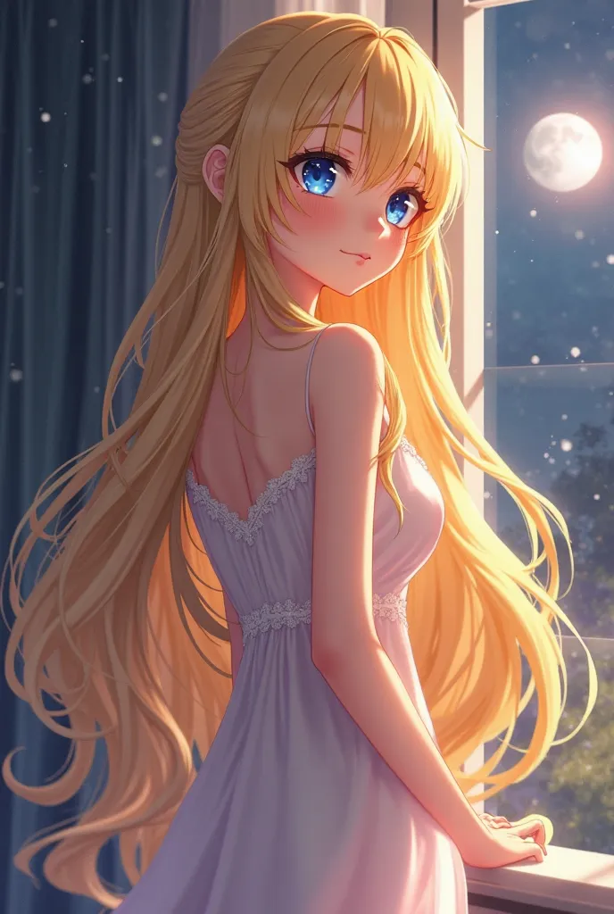 "A stunning adult anime girl with long, golden hair that cascades like liquid sunlight down her back, glowing softly in the gentle moonlight. Her pure white skin seems to radiate a quiet warmth, delicate and flawless. She wears a silky nighty, light as a w...