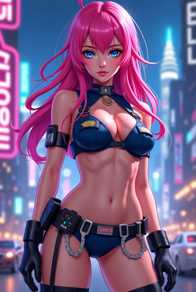 Anime woman with pink hair and blue eyes, Wear a police officer's bikini 