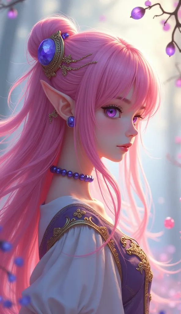 fantasy world girl with colorful hair, Fringe, Hair ornament,  accessories, Stem, Silhouette, detailed clothes, Soft colors, Beautiful young woman, Pink hair, Purple eyes, happy, Elf, Wide image, wide width