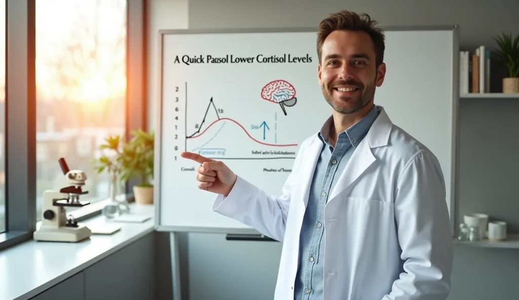 An ultra 8k resolution realistic surreal professional photo, cinematic-still medium shot of a researcher in a crisp white lab coat standing in front of a whiteboard in a modern lab. They gesture toward a visual chart with an open, confident posture—one han...