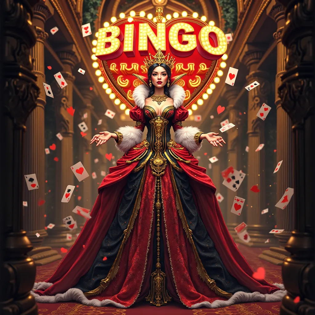 "A vibrant and detailed illustration themed around the Queen of Hearts, inspired by playing cards. The Queen is majestically dressed in a luxurious red, black, white and gold outfit, adorned with details of playing cards floating around her. The setting ha...