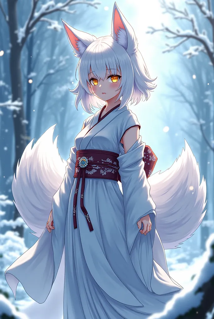  A white-haired woman, yellow eyes, With five tails and two white fox ears, in white and snowy kimono, I want it to look like the anime: demom Slayer, Remember the anime 