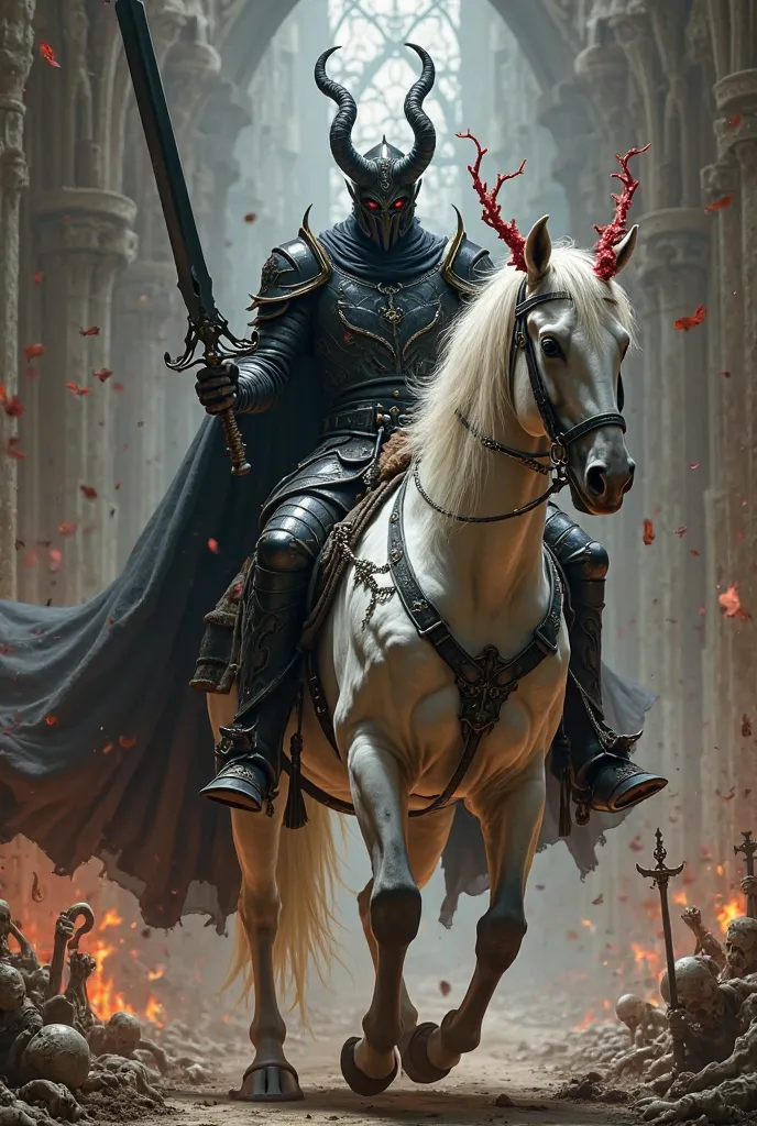 sturdy demon-shaped black armor holding a large sharp black sword and riding a white horse with red twigs on its mane fighting The crown and death entity, within a Catholic church and various cadaveries worshiping it 