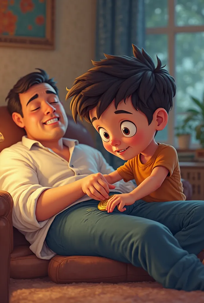 boy stealing a coin in his father pants while his father sleeping. animated 