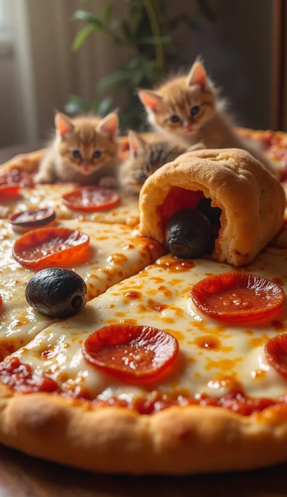 A freshly baked pizza, still steaming, becomes a playground for tiny kittens. One kitten is curled up inside a gooey stretch of melted mozzarella, while another playfully tugs at a loose pepperoni slice like a cozy blanket. A team of kittens carries a gian...