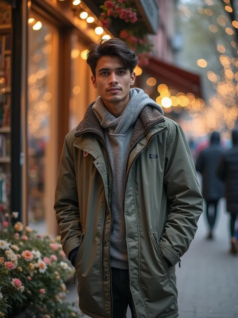 The image is a portrait of a Indian young man. Posing in a casual style. He is wearing winter casual outfit with layering. The background is street shop with lighting with flowers and trees. The overall mood of the image is casual and elegant. DSLR, high r...