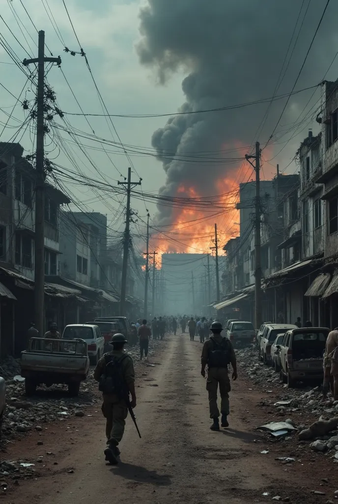 A war-torn city in Sri Lanka, with smoke rising from destroyed buildings, abandoned vehicles, and a tense atmosphere. Soldiers with rifles patrol the streets while civilians hide in fear. The sky is dark and filled with smoke, creating an intense warzone f...