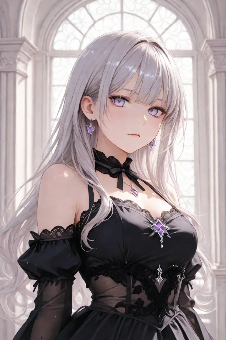  Silver Hair、long hair、light purple eyes、Old mansion、 Witch、black dress