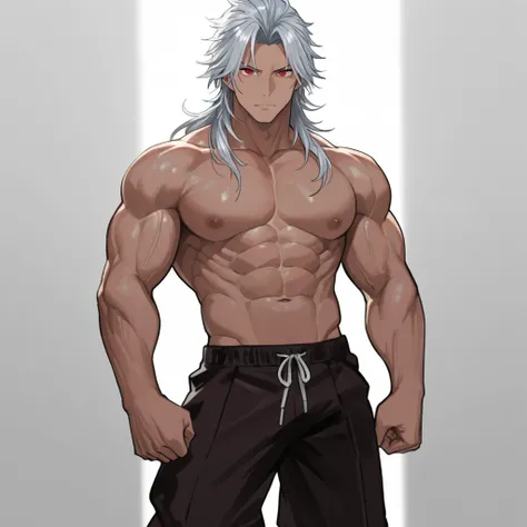 male、 muscular。Red eyes。Long silver hair。