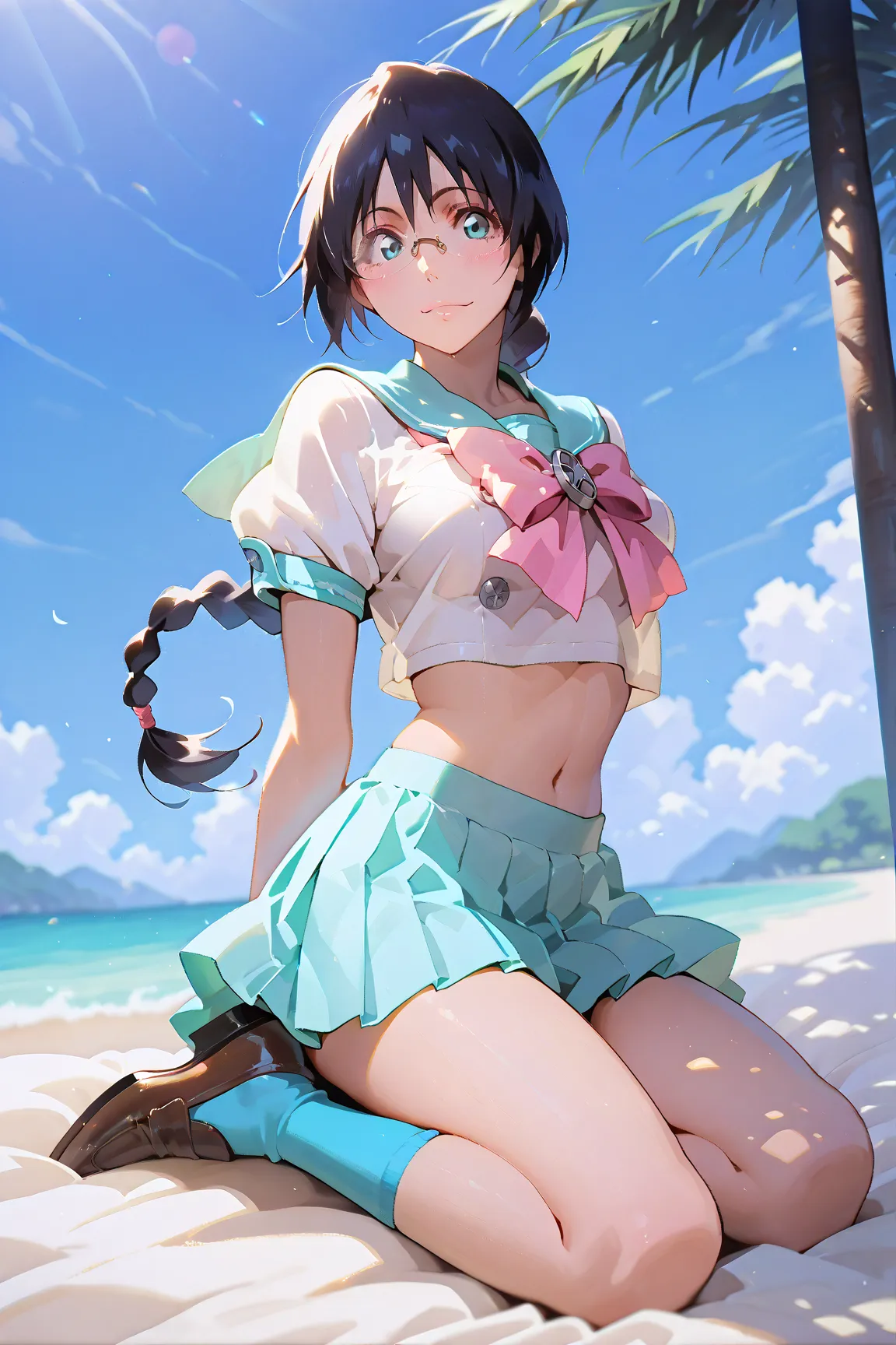 masterpiece,nfsw,  High Definition , best quality,8k,
((Lisa Yadoumaru, -Bleach ))
, black hair, aqua eyes, single braid, glasses, sailor suit,  pleated skirt, midriff, 
,
, fullbody