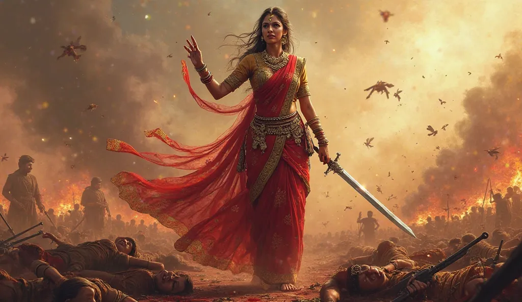 Rani Lakshmibai, bloodied but unbroken, standing amid fallen soldiers, her sword still in hand, refusing to surrender