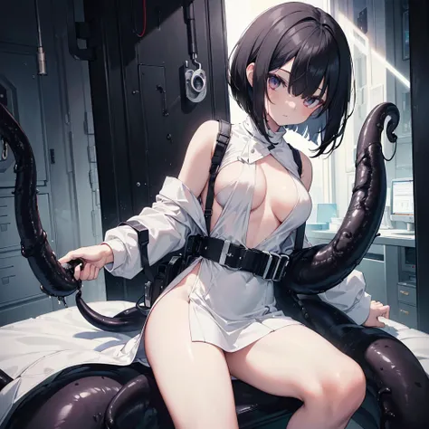 (((best quality, masterpiece, highres, High detail))), dark Laboratory, solo, white skin, white body suit, (((super slit))), (((doctor))), sperm, (((black bob hair))), black hair, (((breasts))), mini skirt, tentacles, Black Knee High
