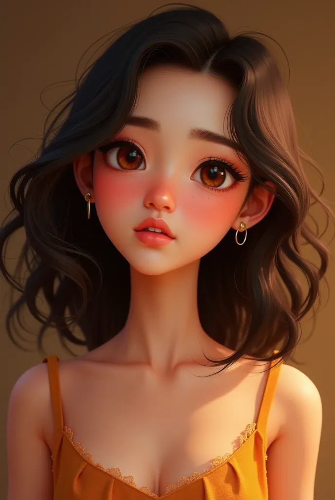 Create a girl of approximately 20 years old, dark brown hair, dark brown eyes, medium length hair, with a white complexion but not so much, with a brown background and that is animated 