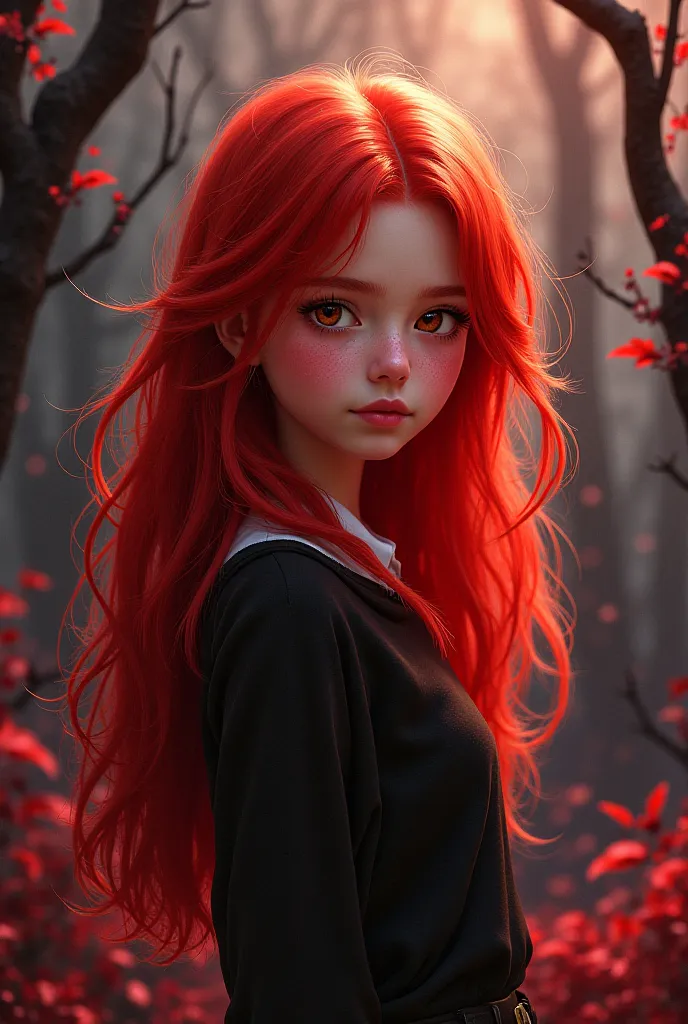 Animation drawing of a dark red-haired girl