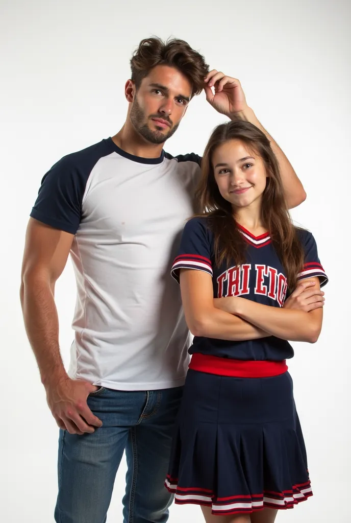 Image of white stylish stylish bossy sexy man 18 ldo belt. Slavic appearance. Athletic figure. Arbitrary pose, one hand touching hair, looking at the girl. Fancy T-shirt. Next to him stands a young beautiful girl student 18 years old, she is wearing a chee...