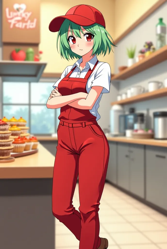 Muslin adult girl with short light green hair and red eyes ( Clothes: From the baker, wearing a white shirt, tight red pants that highlight your big thighs, brown shoes and a red visor on the head). serving customers. In the style of the anime Shojo-Josei.