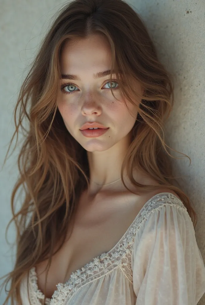 Beautiful girl with long wavy hair, school uniform, blue eyes, light brown hair, realistic, sensual,  very fair skin 