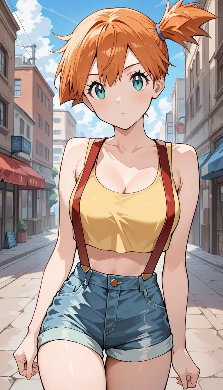 misty, BREAK, 1girl, solo, side ponytail, yellow tank top, suspenders, denim shorts, 
masterpiece, best quality, newest, absurdres, highres, outdoor, looking at viewer