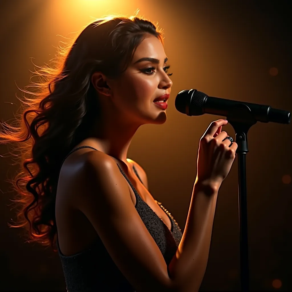 Picture of a female singer with a microphone, long hair, wearing a modest, elegant dress 