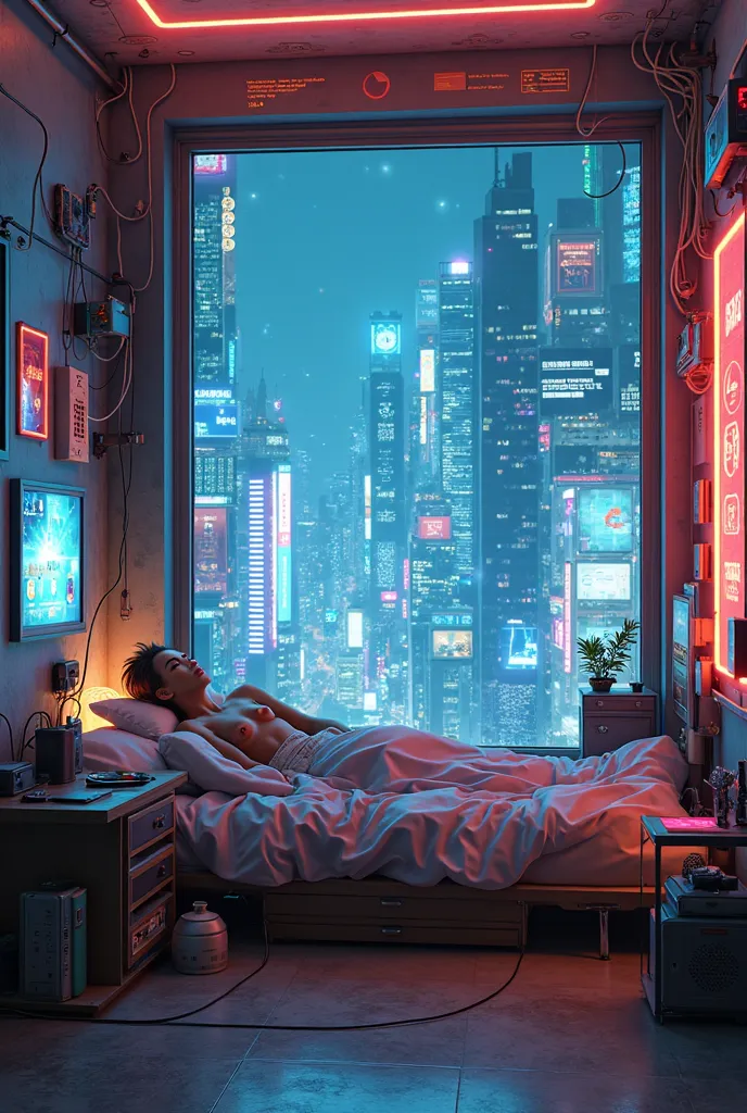 Cyberpunk small bedroom with big window