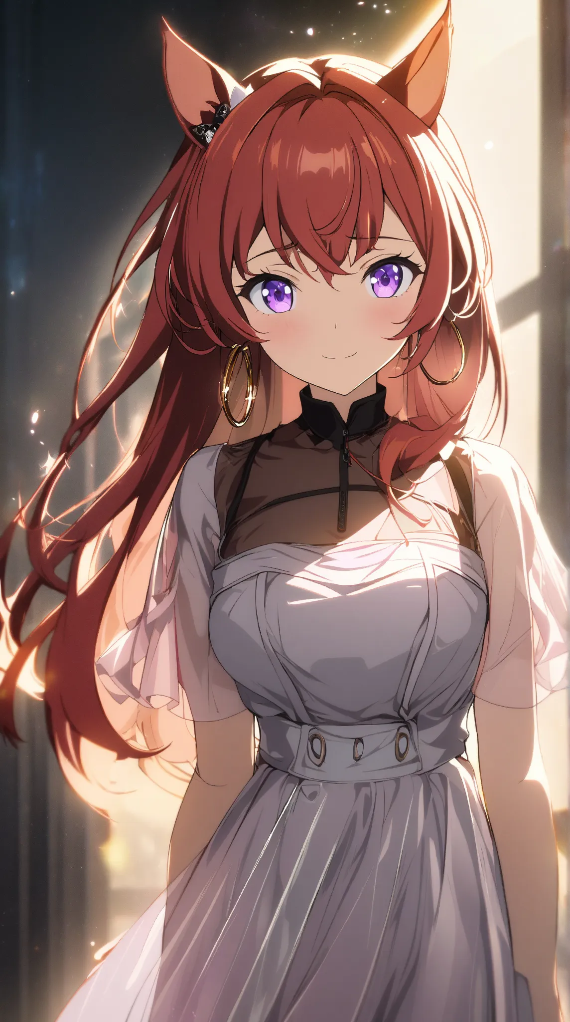 1 girl,  long hair,  horse face,  long hairมาก,  purple eyes, Translucent Kit, Cat ears, Hoop earrings,  redhead, smile,  shy, รอยsmileบางๆ, feet out of frame, face up, Flickering, Depth of Accent, Backlight, Rays of light, Anime,  digital kunst, 