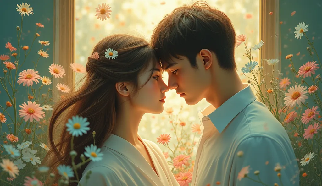 high quality, masterpiece, illustration, high detail, high detail, dramatic light, beautiful light, beautiful, ((illustration style)), ((painting)), 2d, Close your eyes with me
Softly falling
Here beside you
Time melts away