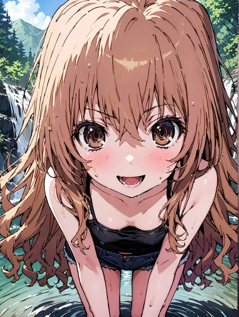 score_9, score_8_up, score_7_up, source_anime,
Taigaisaka, Aisaka Taiga, long hair, brown hair, brown eyes,ponytail,smile,open your mouth,plain black t-shirt,belly button sticking,denim micro shorts,Bare legs,wet skin,wet hair, wet clothes,is standing,riv...