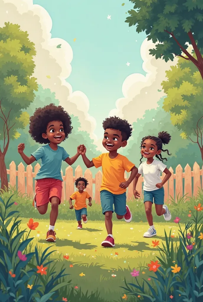 digital illustration a group of multiracial s playing in the garden, running playing happily