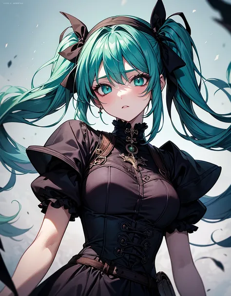  manga style 、Highly detailed anime-style illustrations depicting a girl in medieval fantasy style gothic style。and features purple or turquoise green hair wrapped in voluminous twin tails、Elegant black gothic dress with a black ribbon decoration。her blue-...