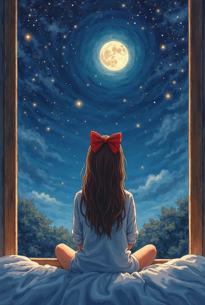 Oil painting style , watercolor effect. There is a girl with long brown hair and with a red ribbon in half a bow on her head. . It is seen with your back hugging your knees looking out at a huge window that shows the dark sky full of stars and the moon.  t...