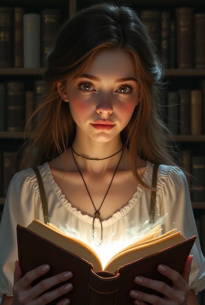 Draw a girl who finds a mysterious old book, and let her be 17-18 years old, a white light through this book, a girl with brown hair and hazel eyes, and take it away from the book.