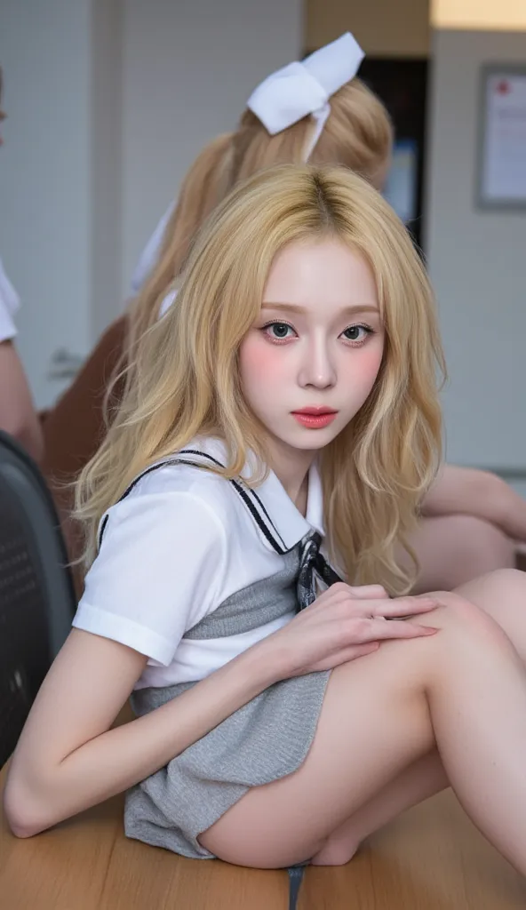 make a magazine photo of a young woman with wavy blonde medium length hair., pale skin, full body(( aespa-winter, aespa-winter face, aespa-winte eyes, shying girl)), (((school uniform, spread ass, woman laying on her side presenting ass in skintight pants ...