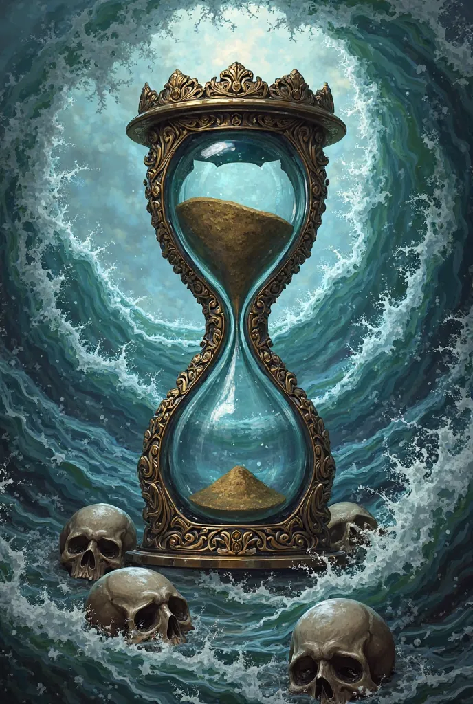 Hourglass design with wind waves and skulls