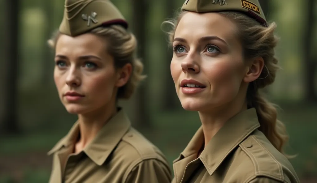 Image is a cinematic still featuring two women in military attire, set against a blurred outdoor background. Both women have light skin and are wearing khaki-colored military caps and uniforms. The woman on the left has blonde hair pulled back, with a slig...