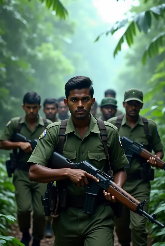 A group of LTTE fighters marching through a dense jungle, wearing military uniforms and carrying rifles. Their expressions are serious and determined. The environment is misty, with tropical trees surrounding them, creating a sense of secrecy and danger.