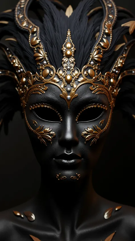 (Best Quality, 4K, 8K, High Resolution, Masterpiece: 1.2, Super Detailed, Realistic, Photorealistic:1.37), A black and gold maskara festival mask, feathers side to side and top also, venetian style, beautiful, Image exuding gracefullness and loving energie...
