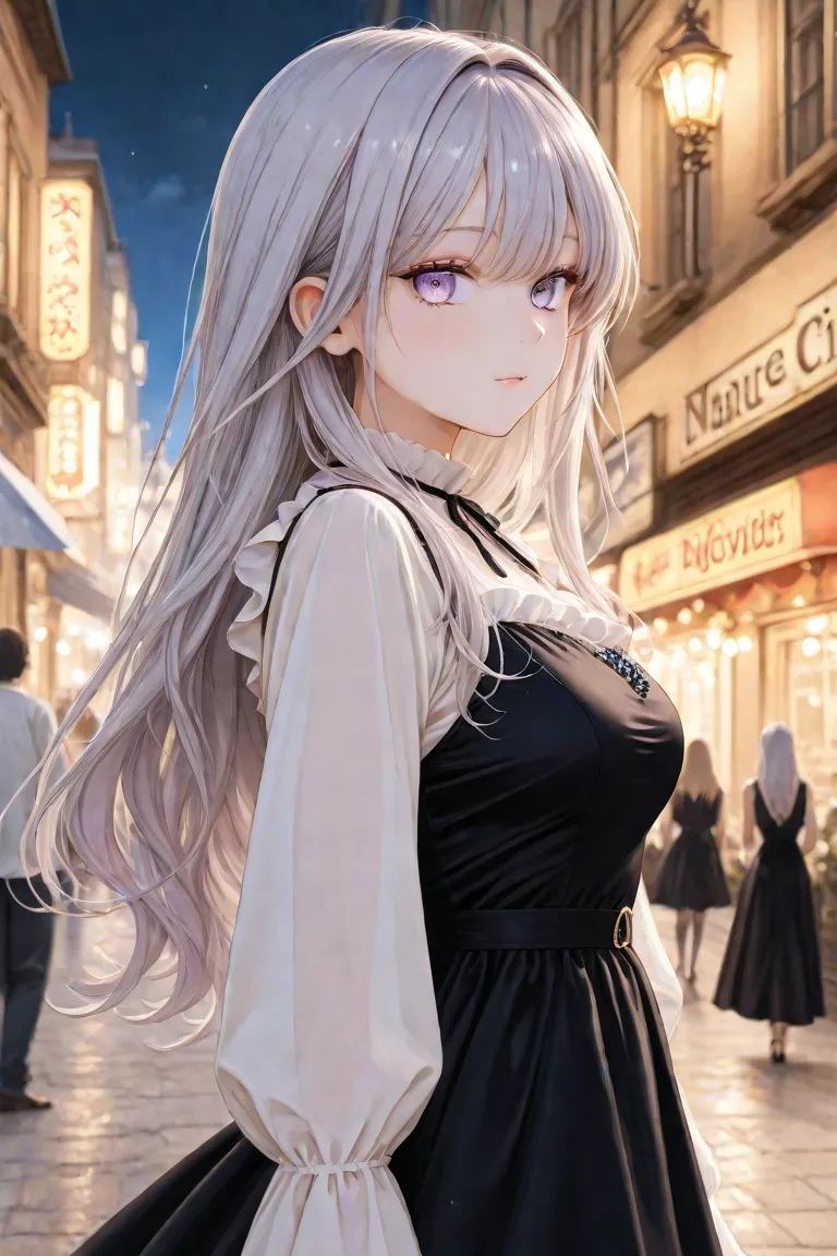  Silver Hair、long hair、light purple eyes、night、antique city、white blouse、black dress