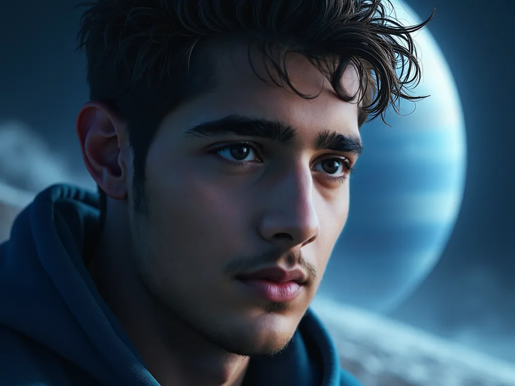 Create the image of this 20 years young man close up Full detailed face Hair, Eyes, Ears Everything best quality Angey Full detailed face Hair, Eyes, Ears Everything best quality,  on Neptune Surface