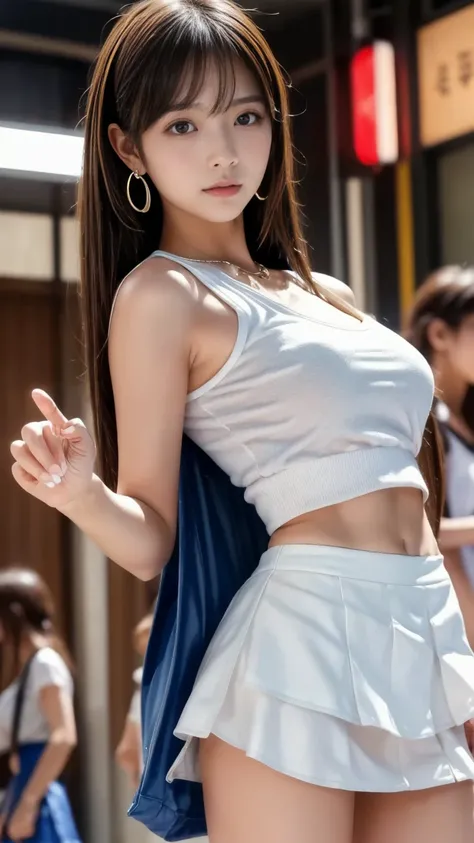 Product quality,1 girl,Kubby ,  front view, young and sexy Japanese woman  ,20 years old,Harajuku,(  crowded streets  :1.4),  stylish blue shirt  ,wear, stylish bag,  fashion necklace  ,Fashionable Earrings,((White Super Mini Skirt :1.5)),wear,very cute fa...