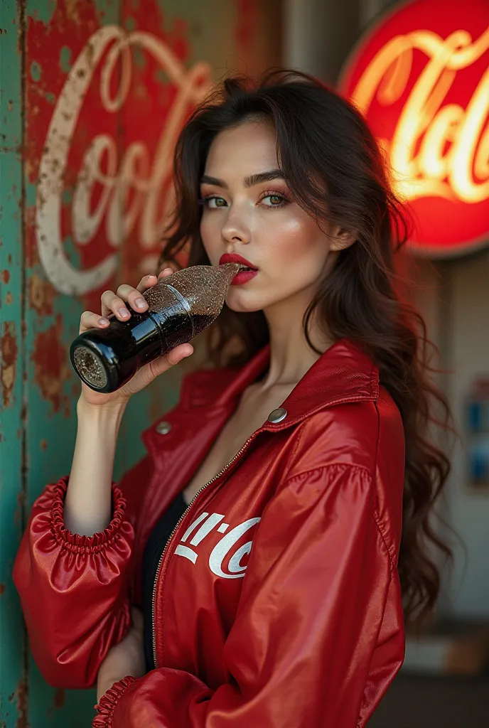 A beautiful women wearing a red coke a cola jacket. Drinking a coke a cola. In front of an old coke a cola sign.